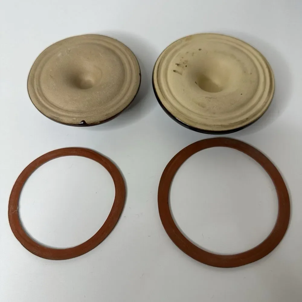 2 Vtg Woodys Chunk O Gold Cheese Crocks Stoneware Brown 12oz 6oz Wire Clamp Lids
